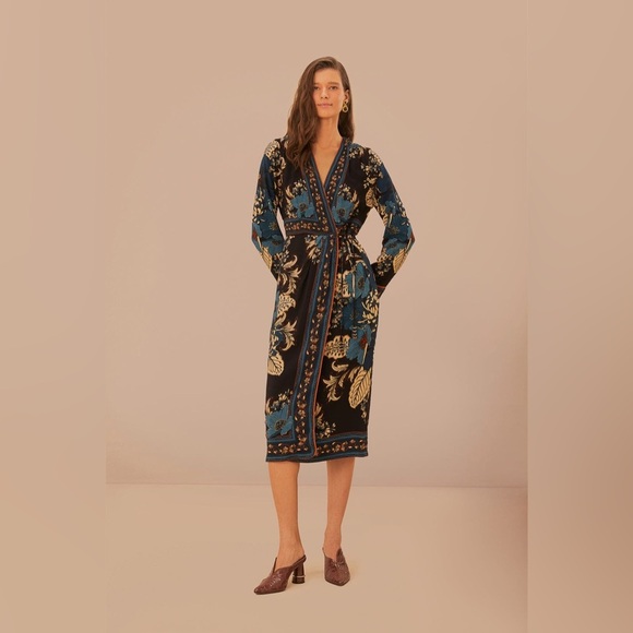 Farm Rio Black Blossom Tapestry Lenzing™ Ecovero™ Viscose Midi Wrap Dress B3137 - Picture 1 of 8
